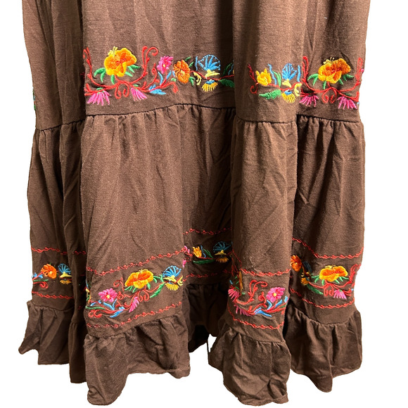 Vintage 90s Lapis Embroidered Sleeveless Boho Midi Dress Womens L Brown Foldover - Picture 3 of 7